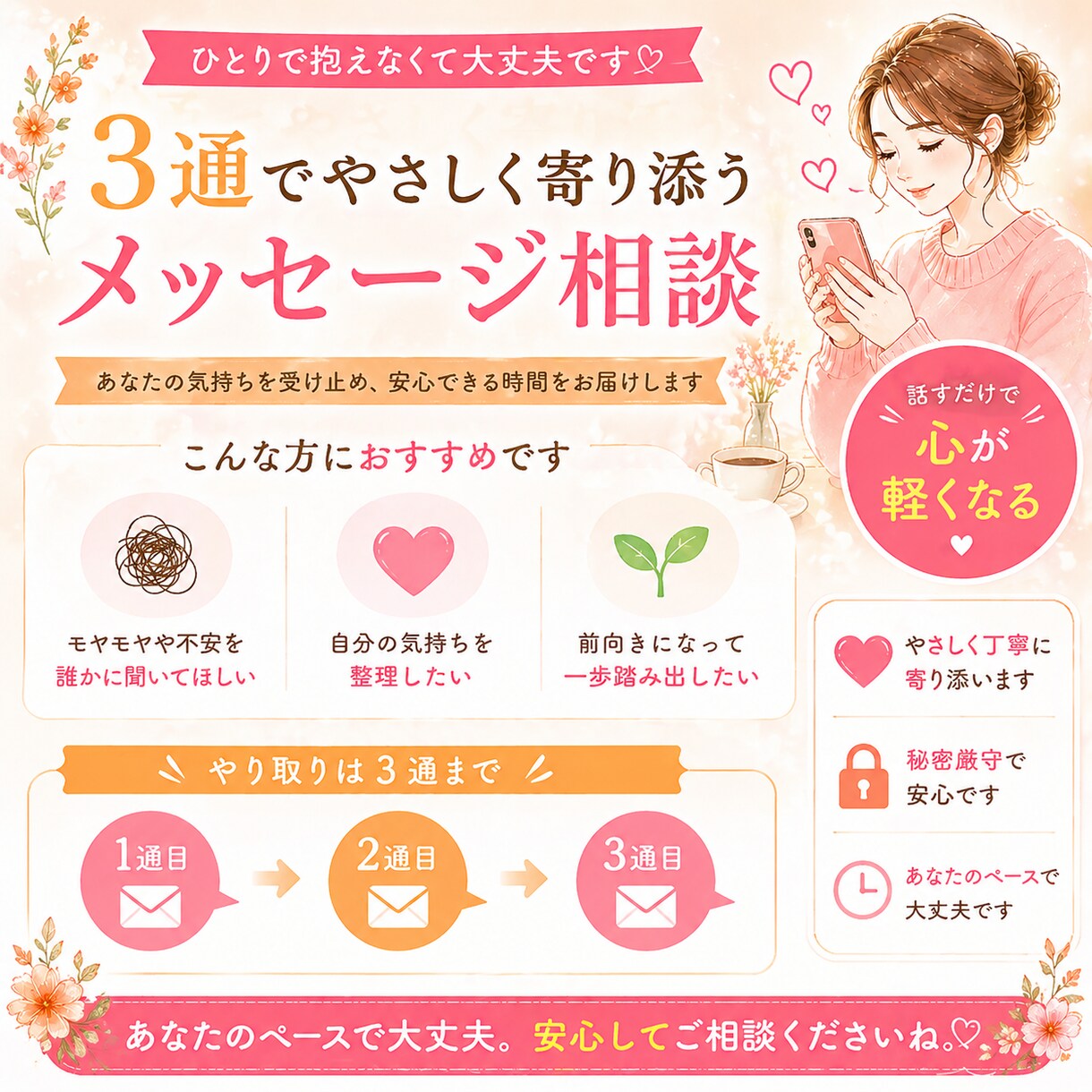 SNSで気軽に相談できる安心の場所をお届けします _3日で3通_話すだけでも大丈夫、やさしく寄り添います イメージ1
