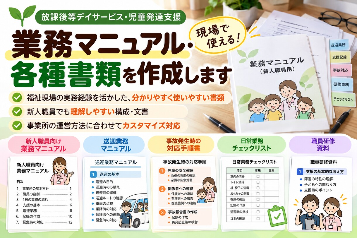 放課後等デイサービスの業務マニュアルを作成します 福祉事業所の統括経験を活かし、現場で使える資料を作成します イメージ1