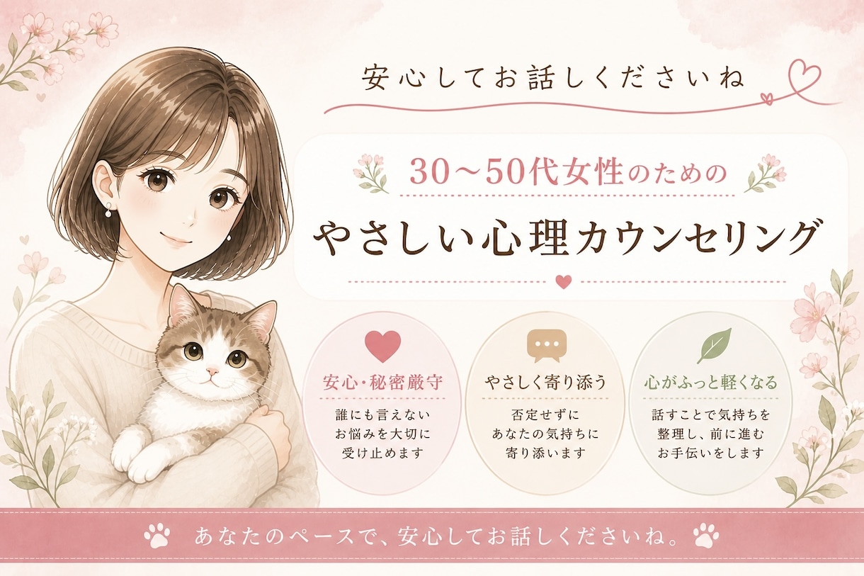 優しく心の悩みをお聴きします 30〜50代女性の心に寄り添います イメージ1