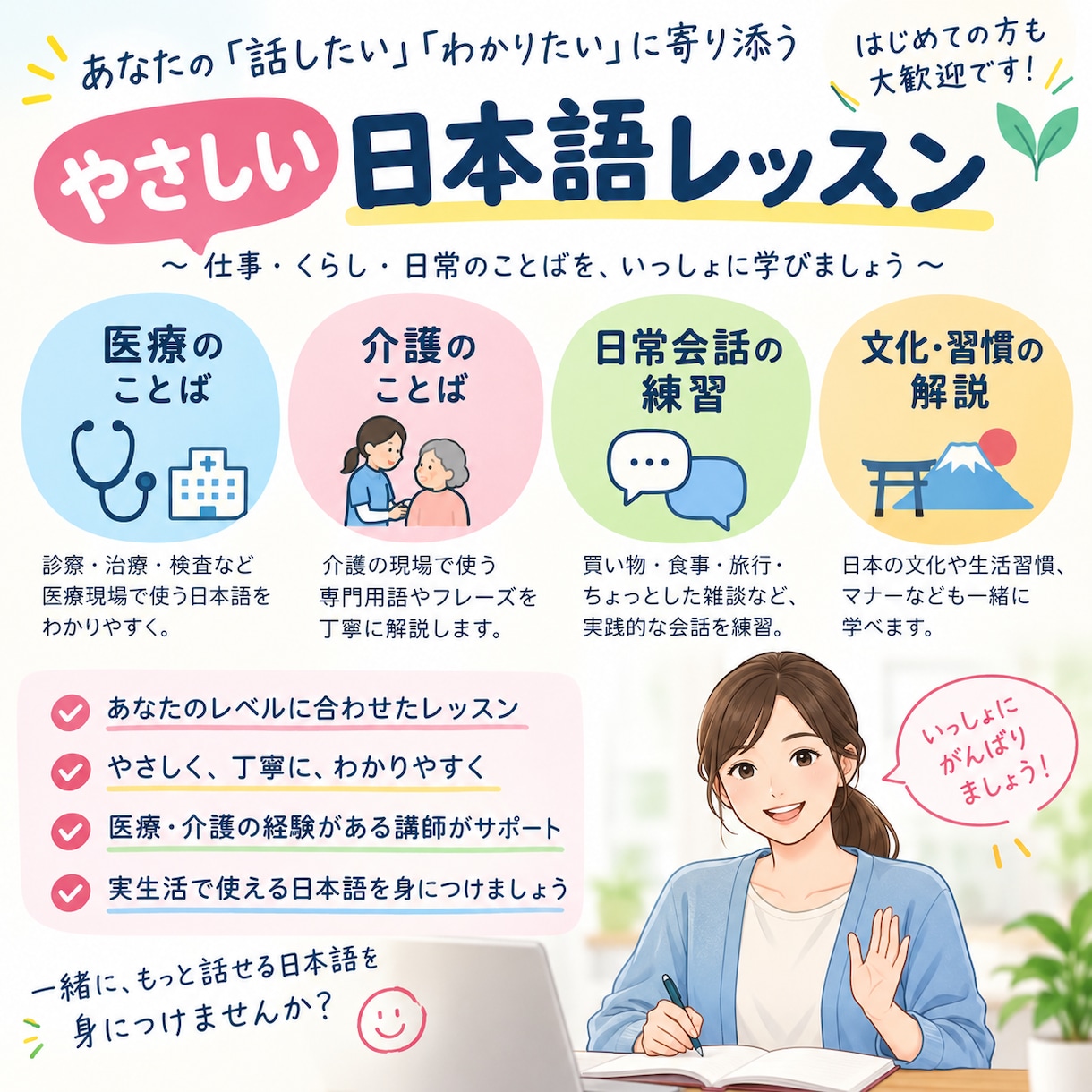 医療やかいご、にちじょうかいわの練習をします OTとまなぶ、せんもんようごと日常会話。病院受診も大丈夫! イメージ1