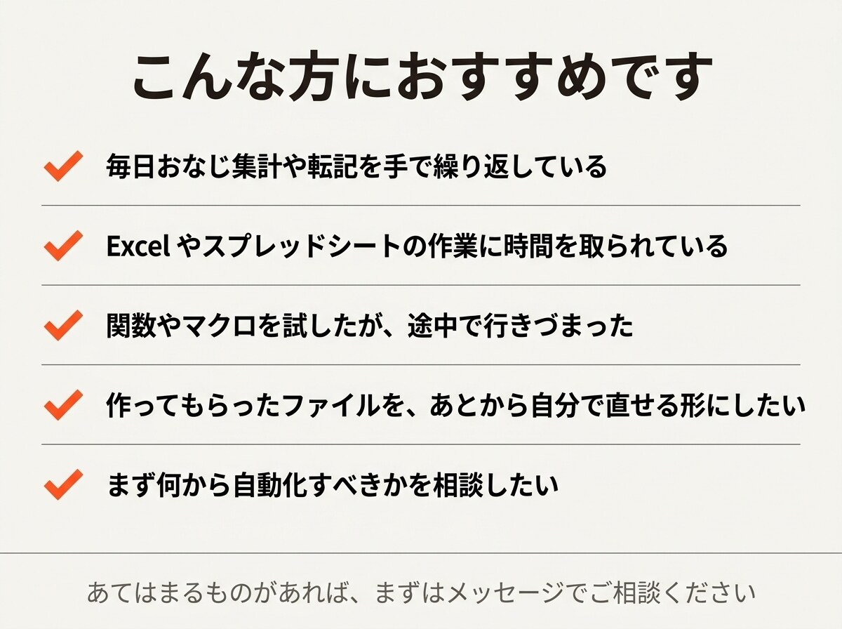 Excel・スプレッドシートの手作業を自動化します 毎日の集計・転記を自動化。業務システム開発7本の実績あり イメージ6