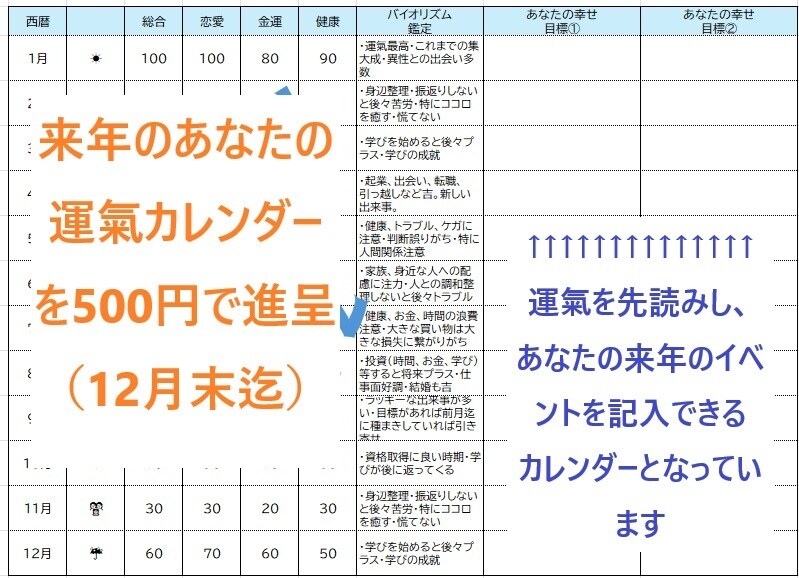 500円で来年度運氣鑑定書を進呈（月毎）します 生年月日から、来年の運氣バイオリズムカレンダーを進呈 イメージ1