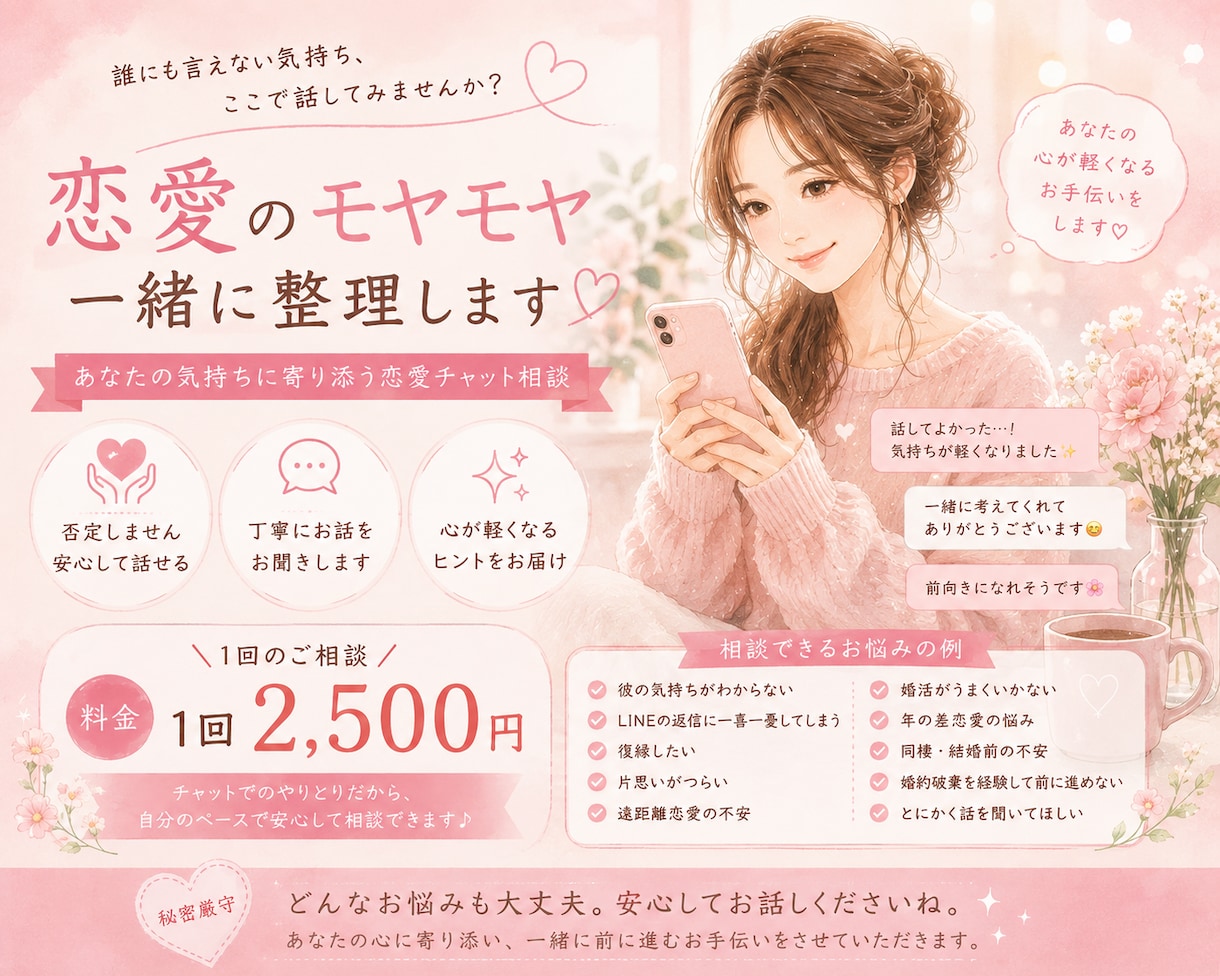 誰かに聞いてほしい恋愛の様々なお悩みお聞きします 身近な人に相談できないお悩み、なんでも聞きますよ。 イメージ1