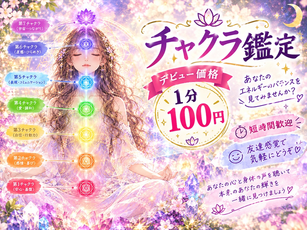 デビュー限定価格100円★チャクラ鑑定します 友達感覚で1分〜OK！今のあなたに必要な輝きを引き出します イメージ1
