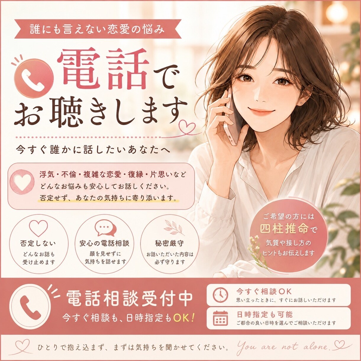 誰にも言えない恋愛・婚外恋愛の悩みをお聴きします あなたの気持ちに寄り添いながら一緒に整理します。 イメージ1