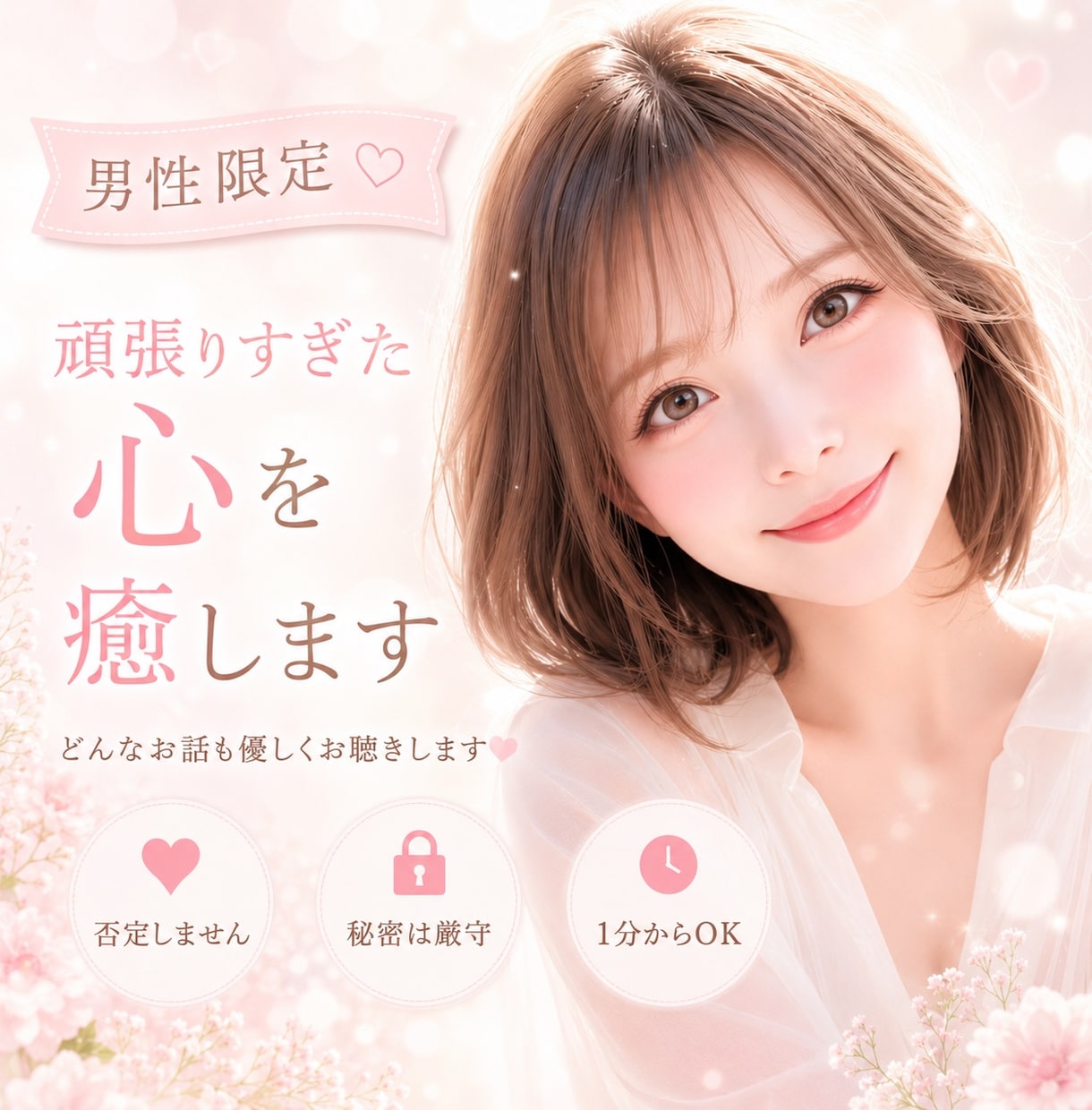 男性限定❤️今すぐOK❤️優しくお聴きます 誰にも言えない話／性の悩み／電話相談／悩み相談／女心／癒し イメージ1