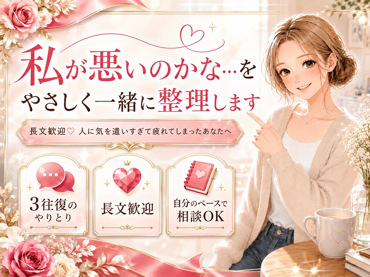 人間関係のモヤモヤやお悩みを一緒に整理します ♡長文歓迎♡ 人に気を遣いすぎて疲れてしまったあなたへ イメージ1