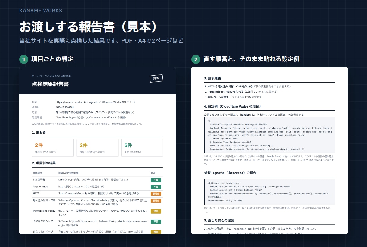 ホームページのセキュリティ設定を外から点検します URL1つでOK。結果は直す順に並べたPDFで返します イメージ2