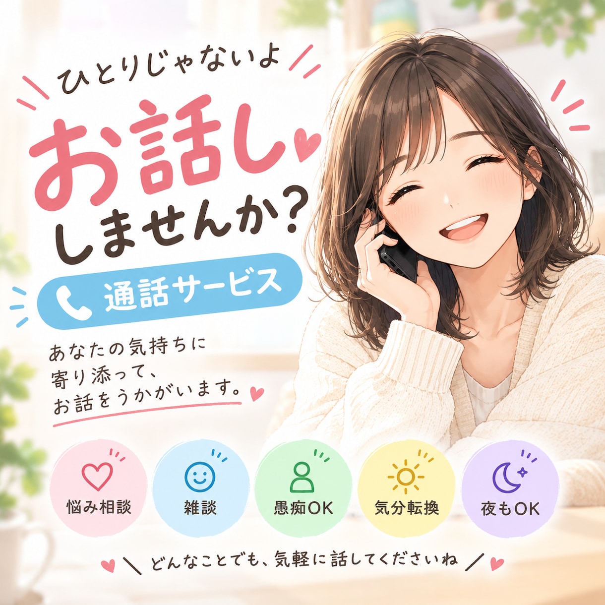 寂しい夜も、嬉しい日も、寄り添ってお話しします 愚痴も雑談も大歓迎！ 心が軽くなるひとときを イメージ1
