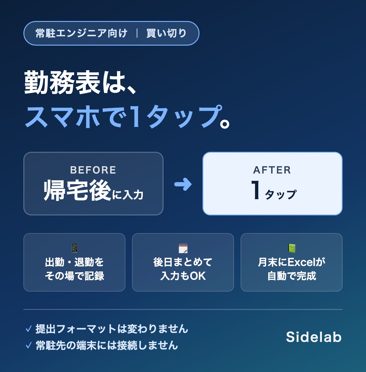 常駐先の勤務表づくりを自動化します スマホで1タップ記録→月末にいつものExcelが完成。 イメージ1