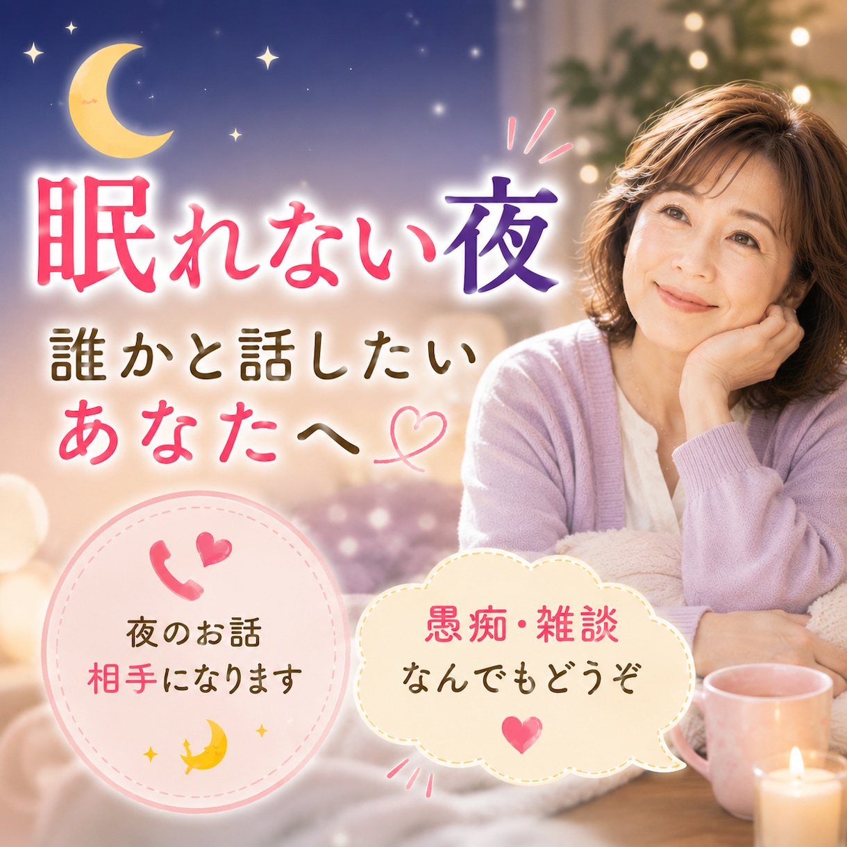 眠れない夜お話しませんか？ゆったりおしゃべりします 眠れない夜の話し相手になります。愚痴・雑談なんでもどうぞ イメージ2