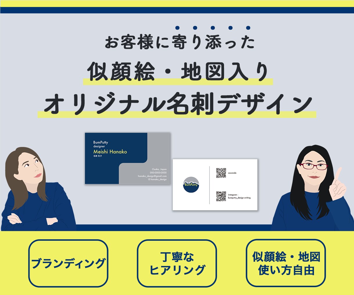似顔絵または地図入り名刺・カードを制作します プロが、ハイクオリティ、かつ記憶に残るデザインをお届けします イメージ1