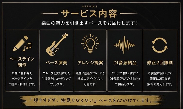 楽曲に寄り添うベースライン･演奏データを提供します ベースライン作成から高品質な演奏データまで制作します イメージ2
