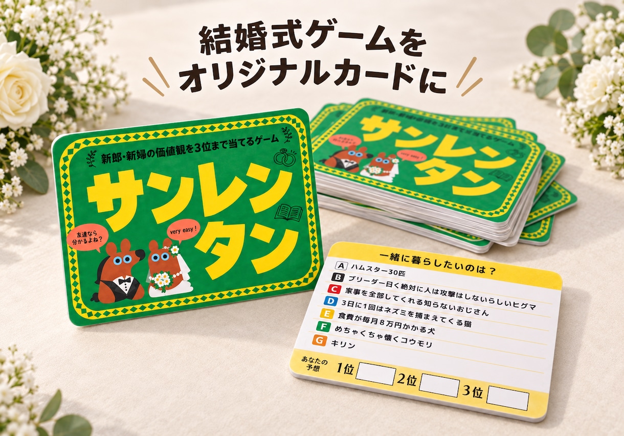 貴方が考えた結婚式ゲームをオリジナルカードにします オーダーデザイン！印刷・裁断・角丸まで行い、完成品でお届け！ イメージ1