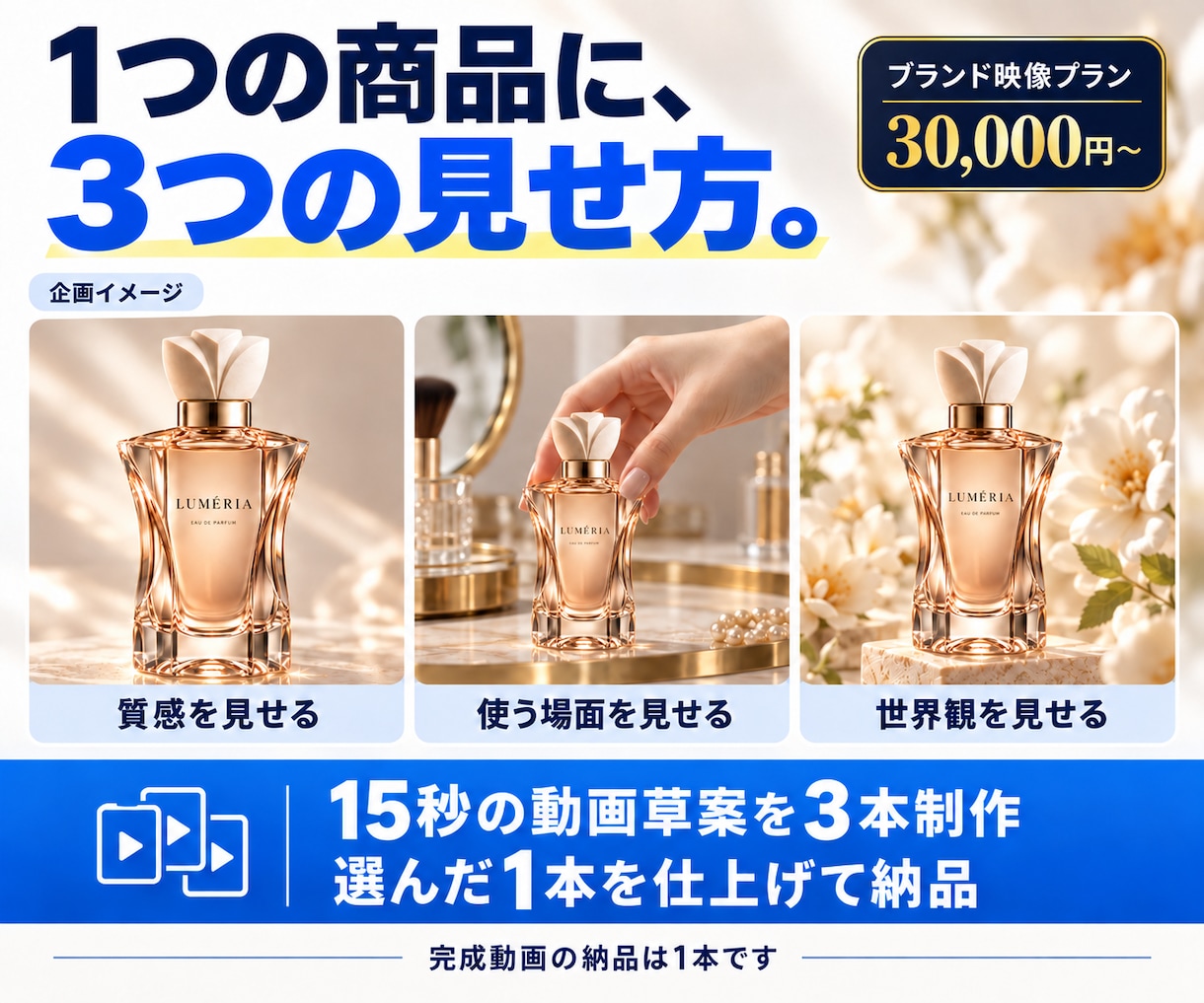 写真から高級感ある買いたくなるAI広告を製作します 15秒15,000円〜。3案から選べる上位プランも イメージ3