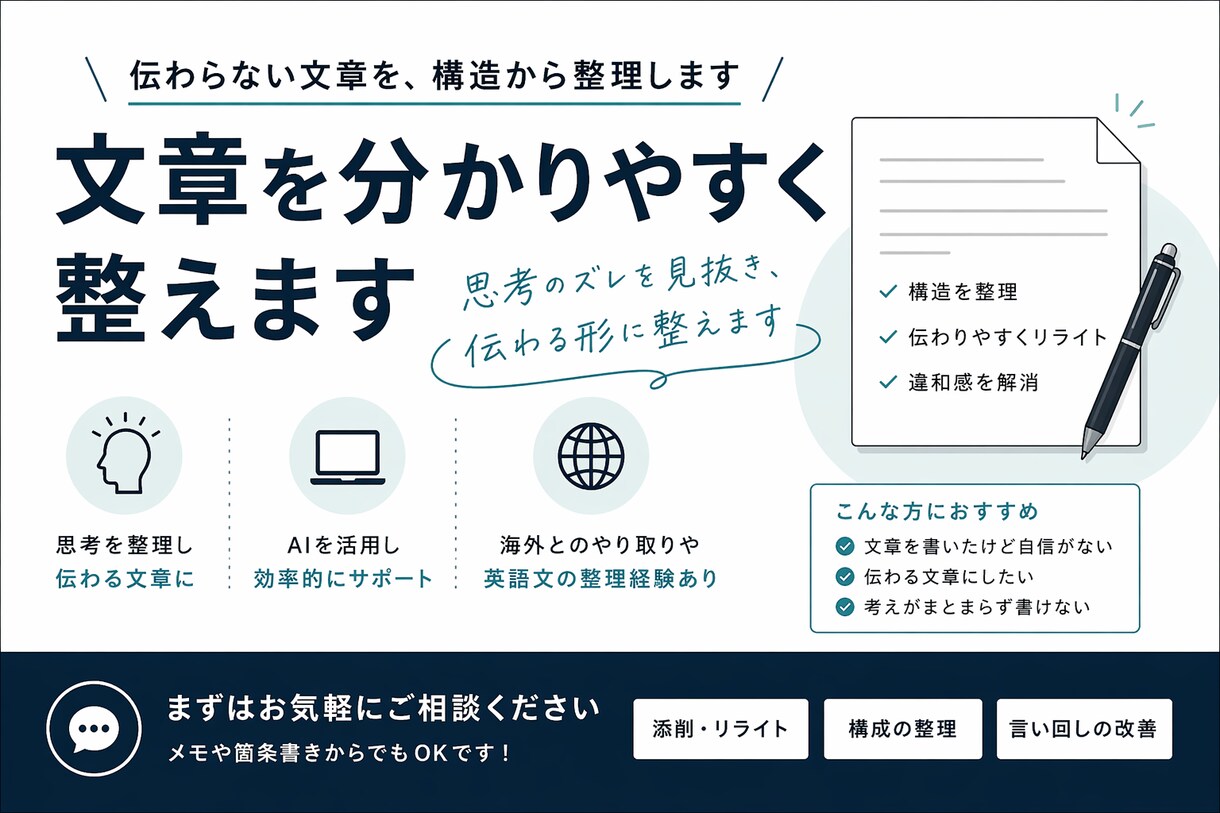 文章を分かりやすく整えます 思考のズレを整え、論理的に伝わる文章にします イメージ1