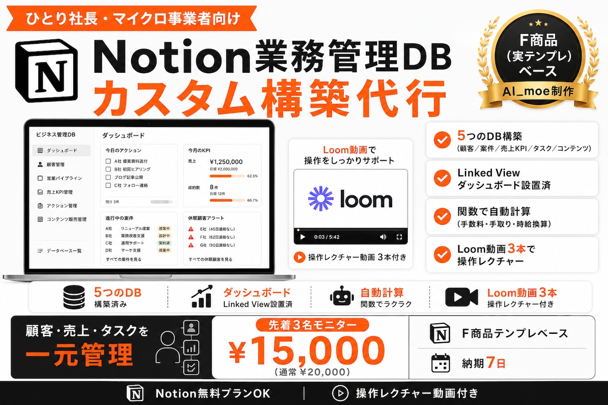 ひとり社長向けNotion業務管理DBを構築します 営業・売上KPI・タスクを一元化、Loom動画3本付き イメージ1