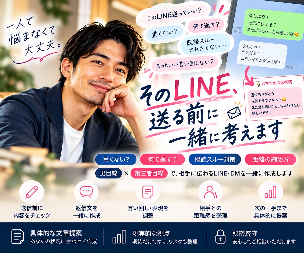 男目線で好きな人に送るLINEを一緒に考えます 何て返す？重くない？既読スルーを避ける文章を一緒に作ります イメージ1