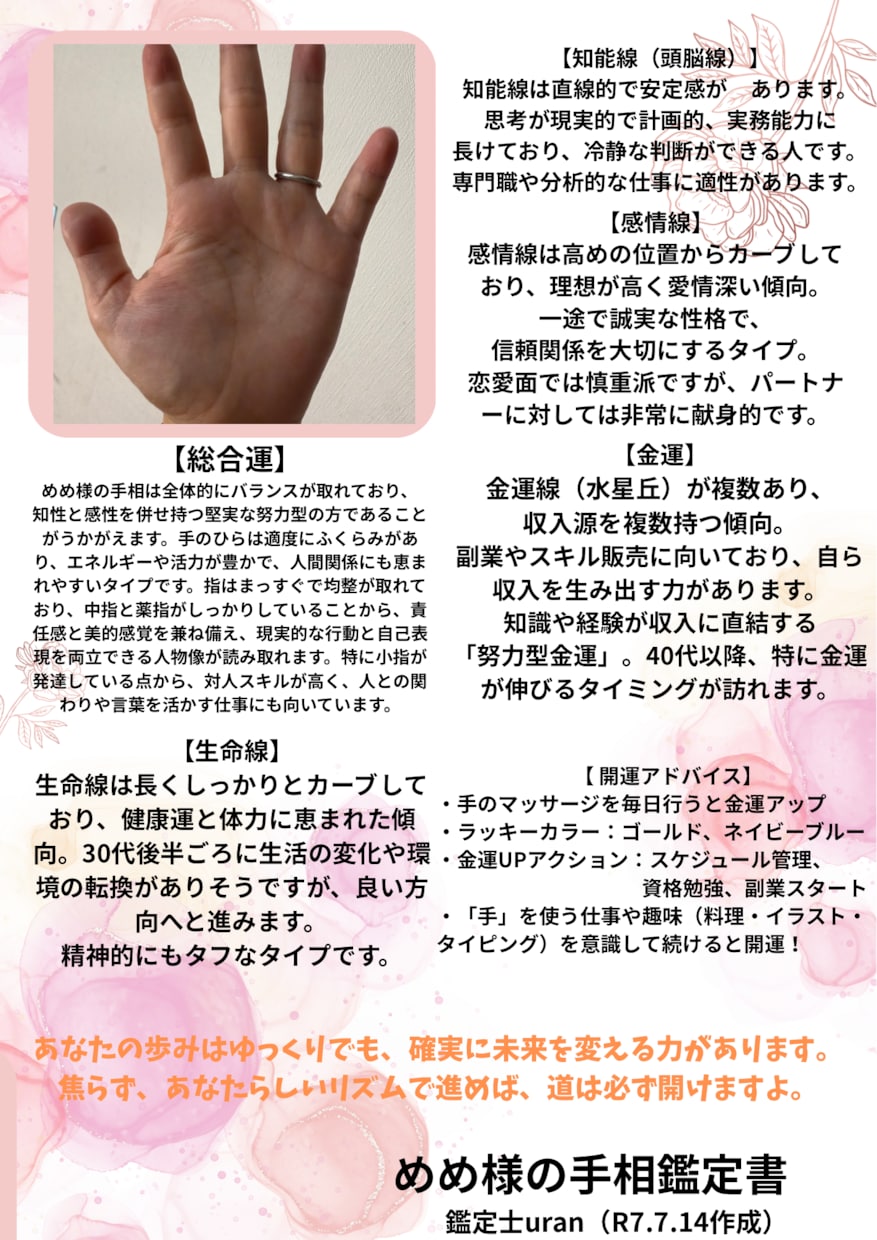 1週間だけ、2500円→1000円で占います そっと背中を押す、あなた専用の手相レターをお届けします イメージ2