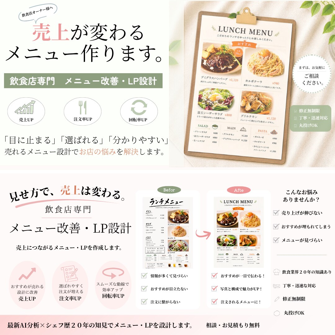 売れる飲食店メニュー制作します 料理人視点で売れる導線を設計、オシャレだけで終わらせません。 イメージ2
