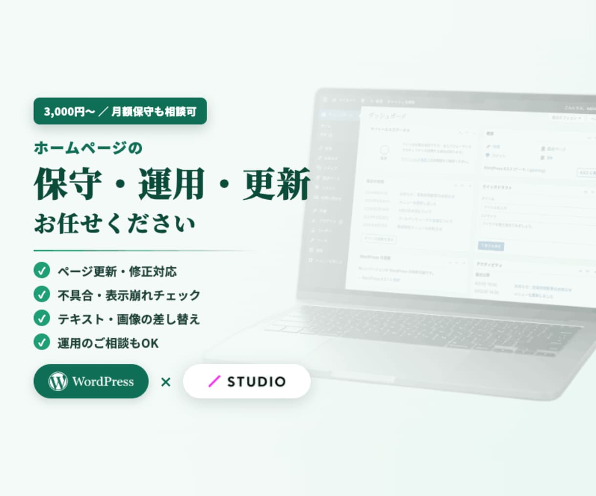 WordPressとStudioの修正更新します 3,000円〜スピード対応・丁寧に更新代行・月額保守も相談可 イメージ1