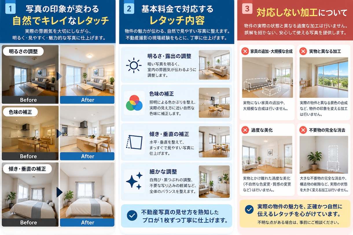 不動産・物件写真を自然な仕上がりにレタッチします 実物の印象を変えない補正で、見やすい物件写真に イメージ2