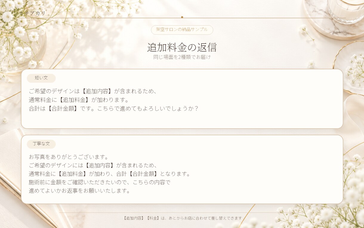 個人サロンのLINE・DM返信文を5場面作ります 5つの質問だけ。お店らしい返信10文を2日以内に イメージ3