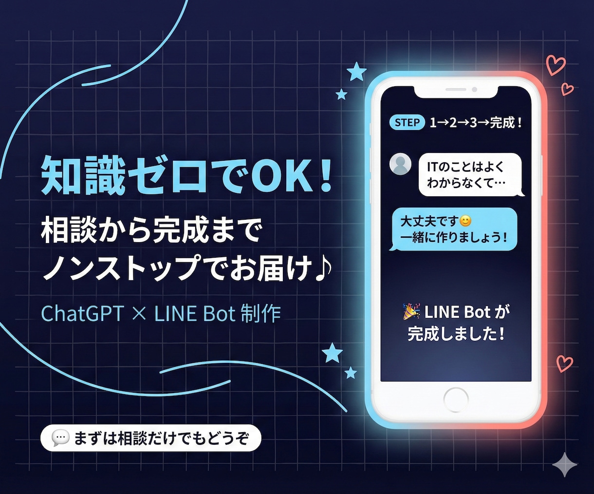ChatGPTを使ったLINE Botを制作します 知識0で依頼可能。相談から、動く完成版までノンストップ♪ イメージ1