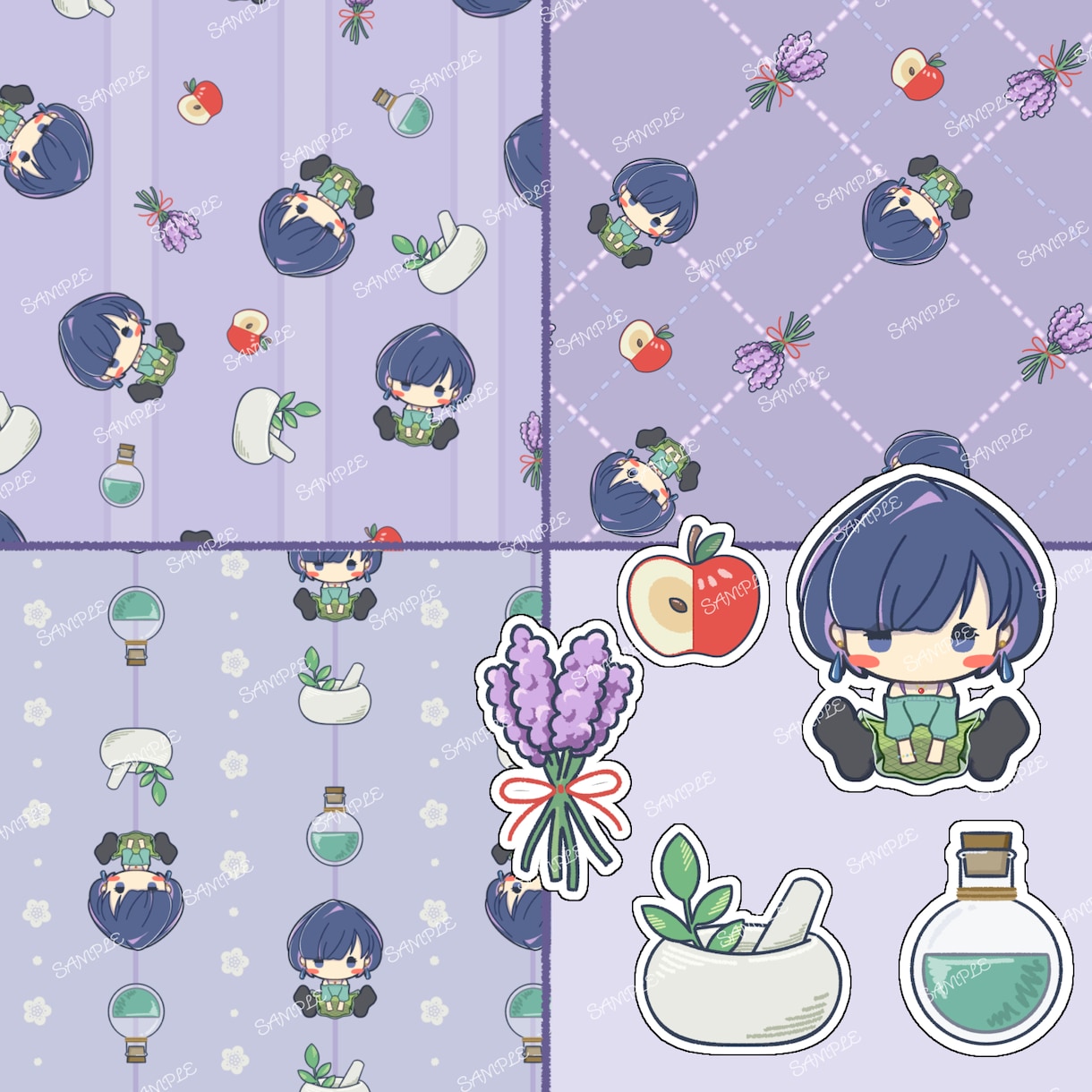 キャラ絵とモチーフのパターンイラストをお作りします グッズや作品の背景、バナーなど多岐にご利用いただけます！ イメージ8