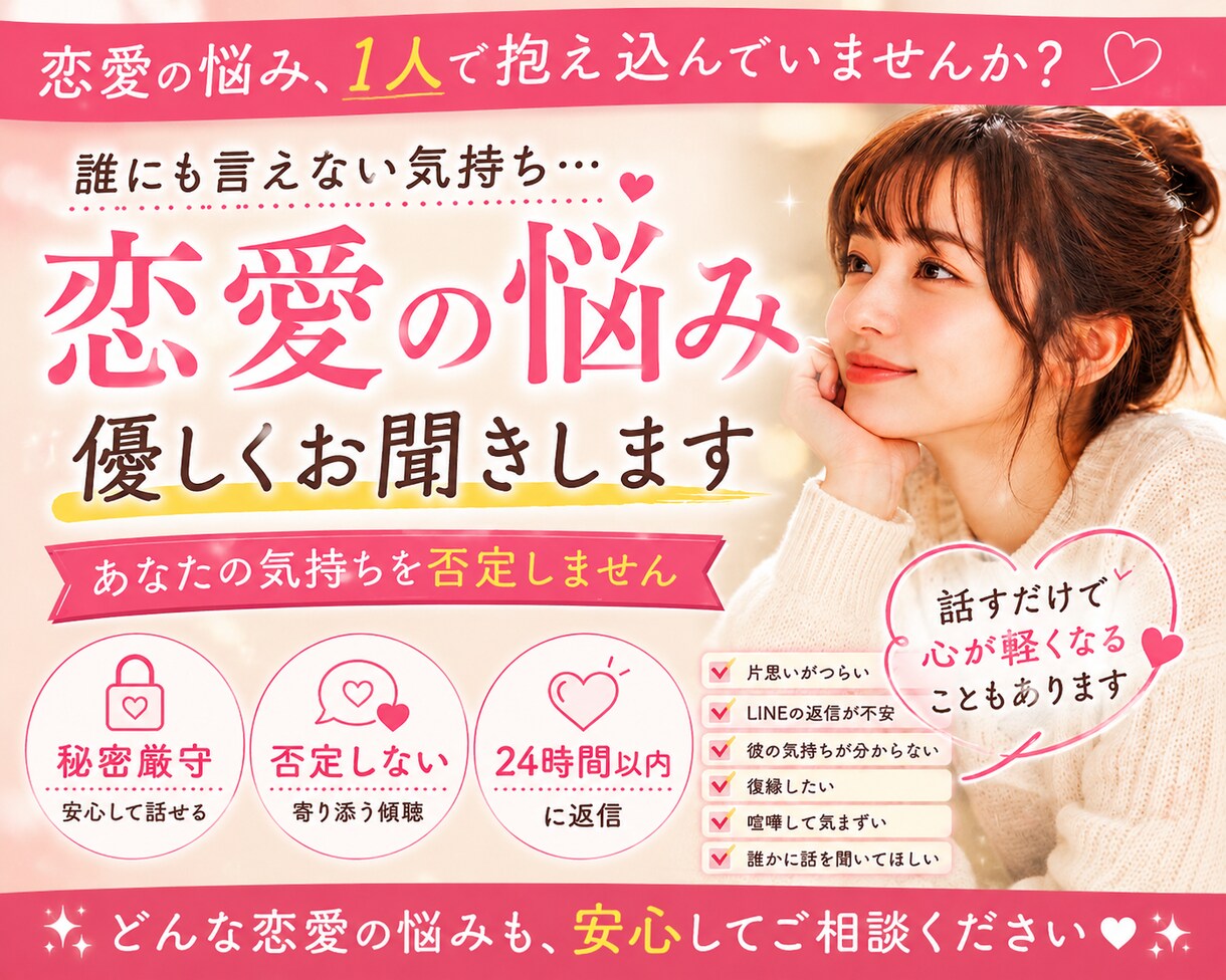 恋愛のモヤモヤ・不安・愚痴を否定せずに受け止めます 1人で抱え込まずにあなたの気持ちをお聞かせください。 イメージ1