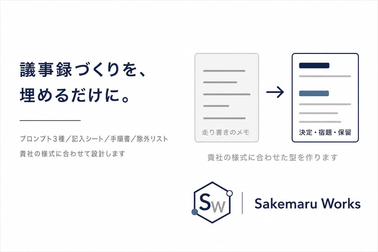 会議の議事録をAIで作る手順を、貴社用に整えます 毎回ゼロから書く議事録を、埋めるだけにします イメージ2