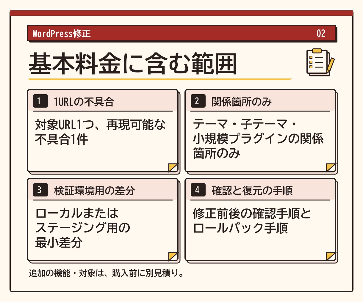 WordPressの不具合を1件修正します 1ページ1症状を対象に修正差分と戻し方を納品 イメージ2