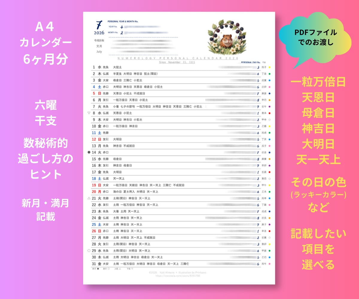 数秘術＆吉日カレンダー（A4・6ヶ月）を作成します ★過ごし方のヒント・一粒万倍日・天赦日・大明日など（PDF） イメージ2