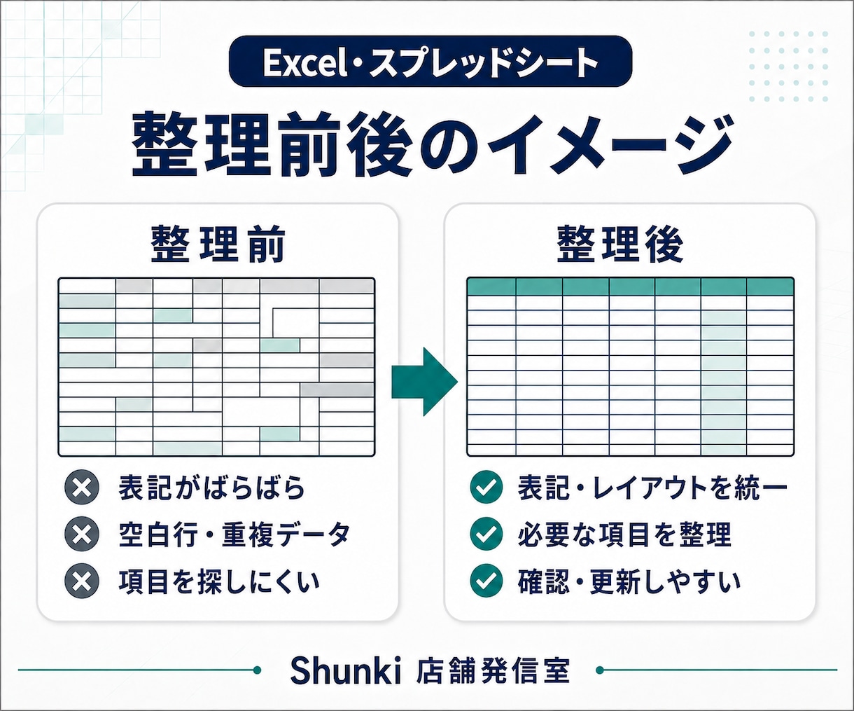 見づらいExcel表を見やすく整理します 表記・レイアウトを統一し、確認や更新がしやすい表へ イメージ3