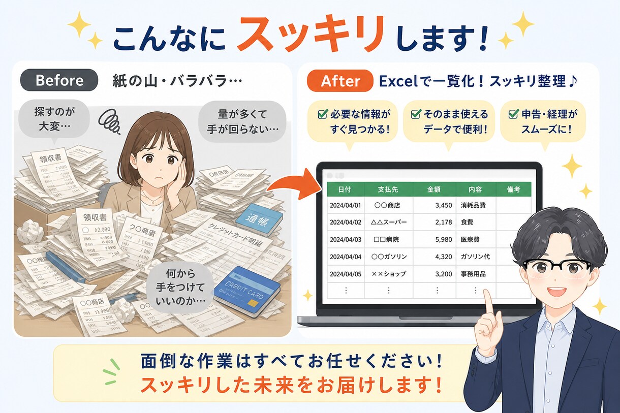 郵送可能！1件20円で領収書や通帳をデータ化します 書類丸投げOK　会計事務所歴10年以上の担当者が仕上げます イメージ4