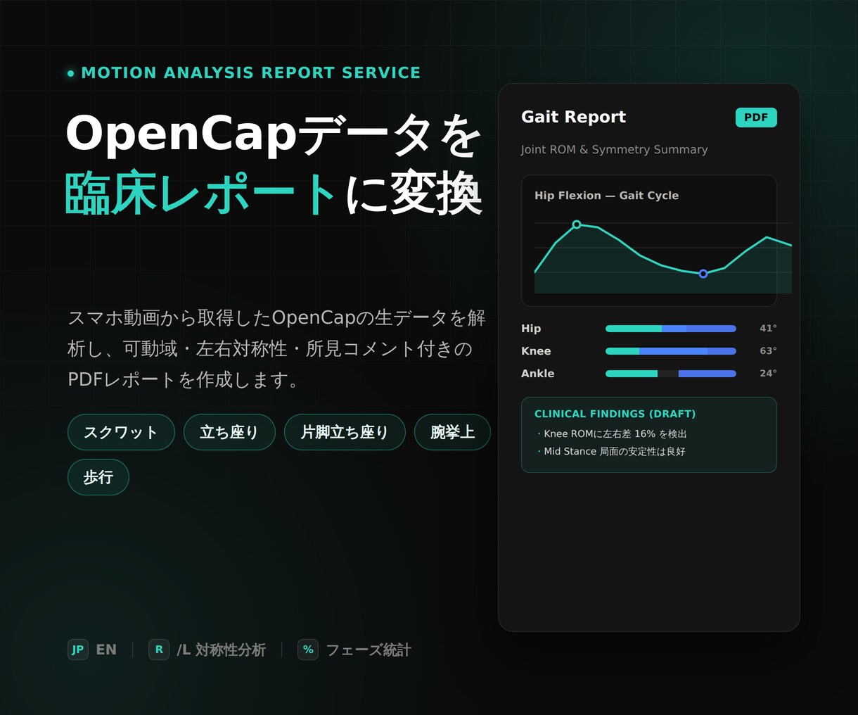 OpenCap動作解析をPDFレポート化します 5動作対応。ROM・左右対称性・所見コメント付きPDF作成 イメージ1