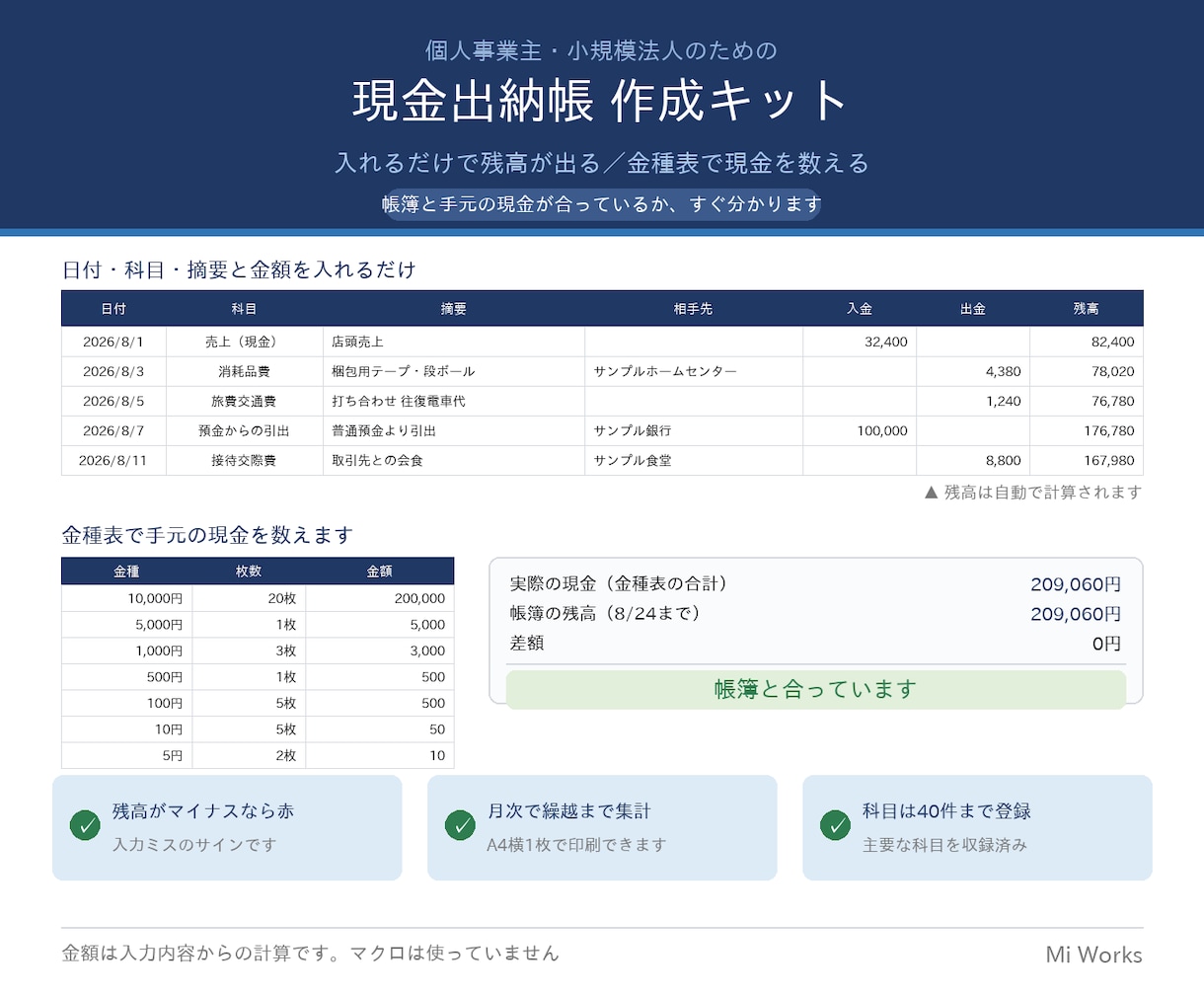 現金出納帳Excel（金種表つき）を販売します 残高は自動｜手元の現金と合うか確認できます イメージ1