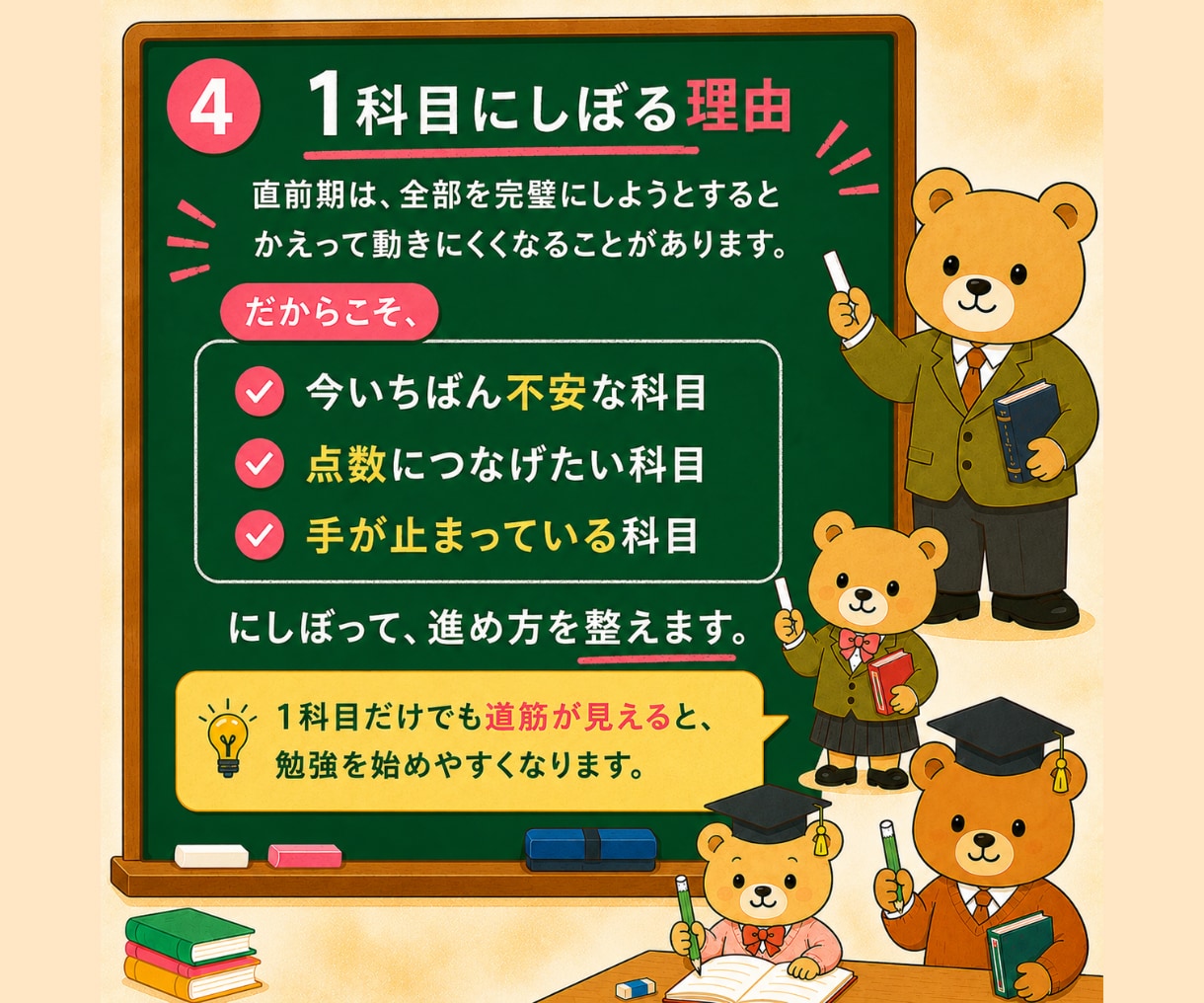 1科目のテスト勉強の進め方を30分で決めます 直前に止まりやすい１科目にしぼって整理します。 イメージ4