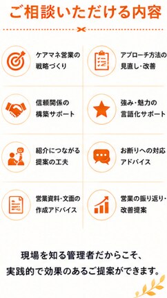 ケアマネ営業のお悩みを現役管理者がサポートします 紹介につながる営業の考え方を一緒に整理します イメージ3