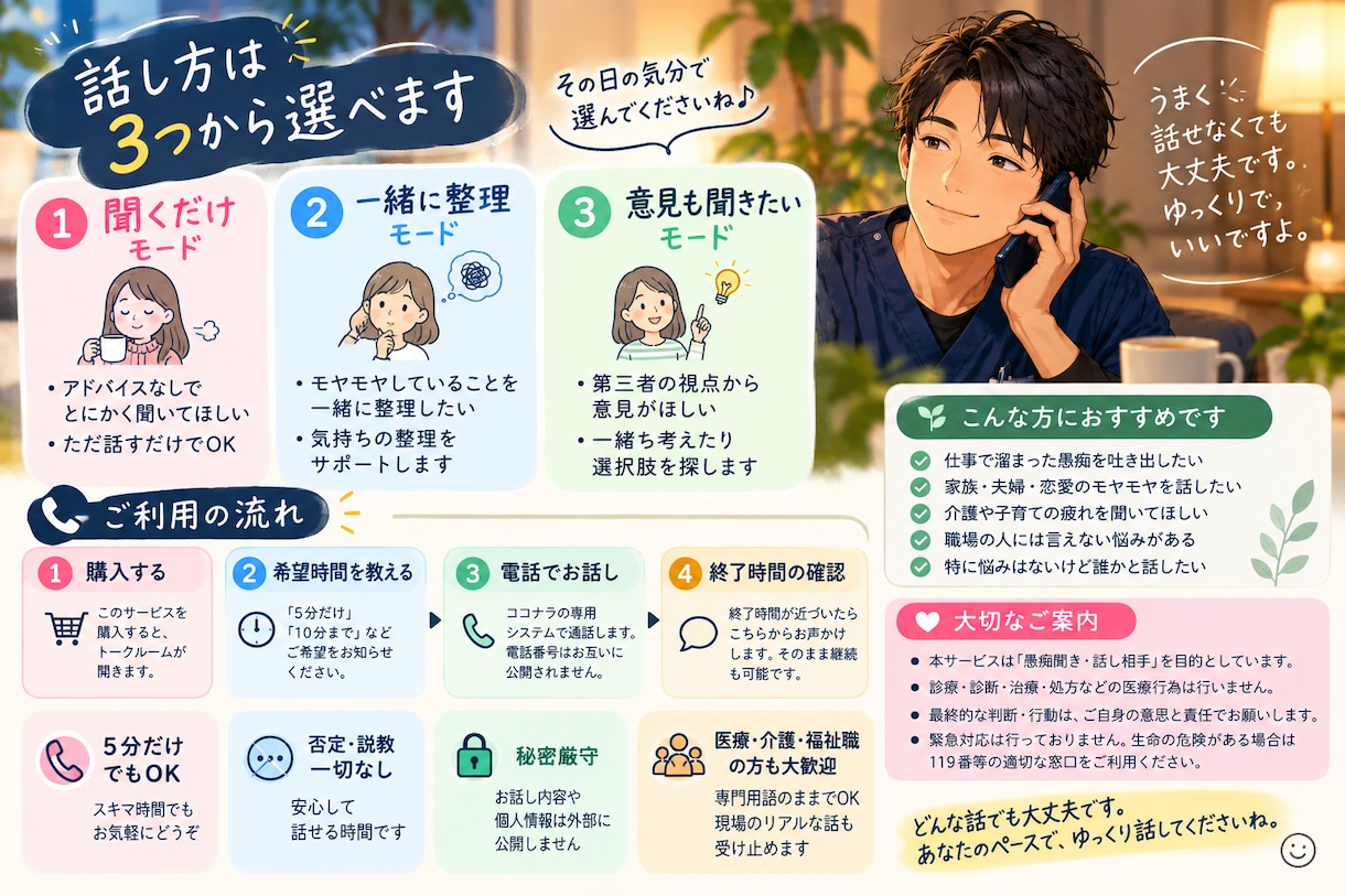 誰にも言えない愚痴を看護師が聞きます 否定・説教なし｜秘密厳守で何でもお聞きします イメージ2