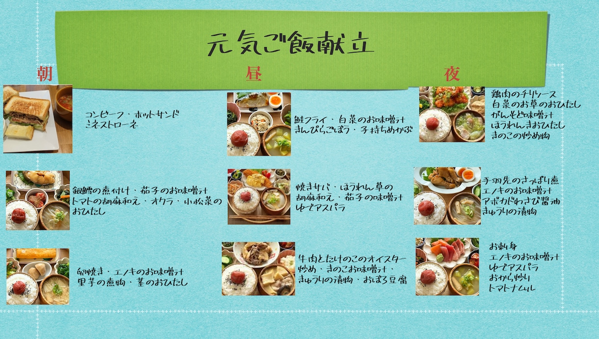 １週間分の献立レシピお渡しします 栄養と金額を考えて朝昼（お弁当）晩の献立です イメージ1