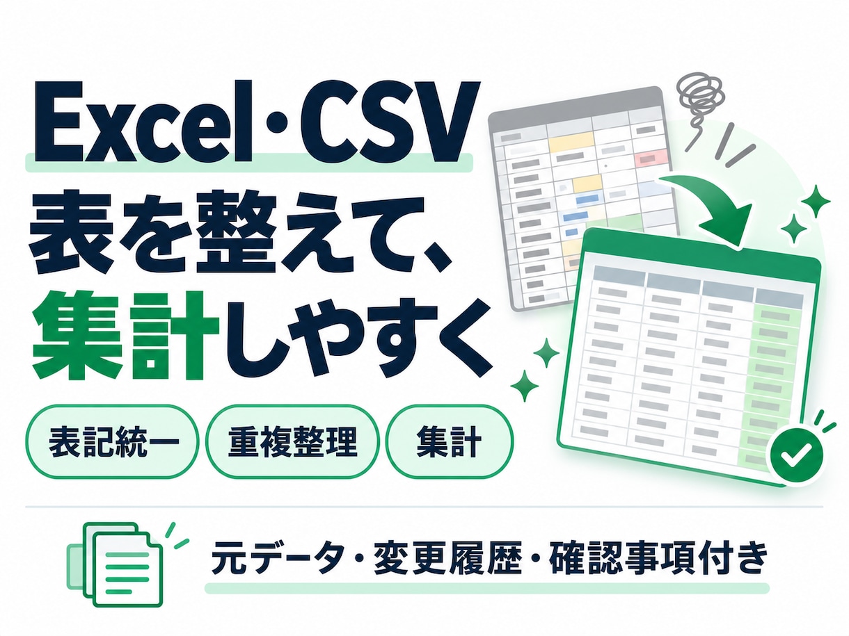 Excel・CSVの重複や表記を整理し集計します 元データ・変更履歴・確認事項もまとめて納品 イメージ1