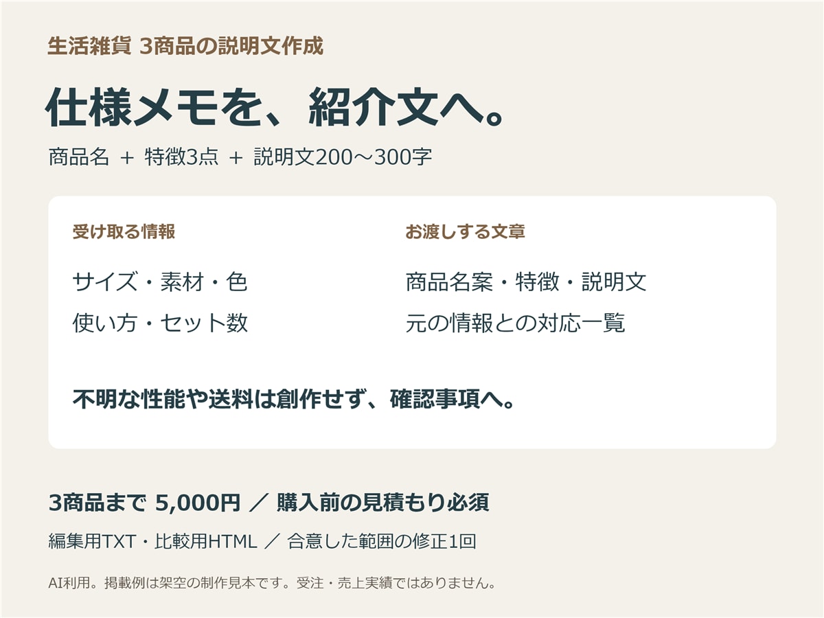 生活雑貨3商品の説明文を整えます 仕様メモから商品名・紹介文・確認事項をまとめます イメージ1