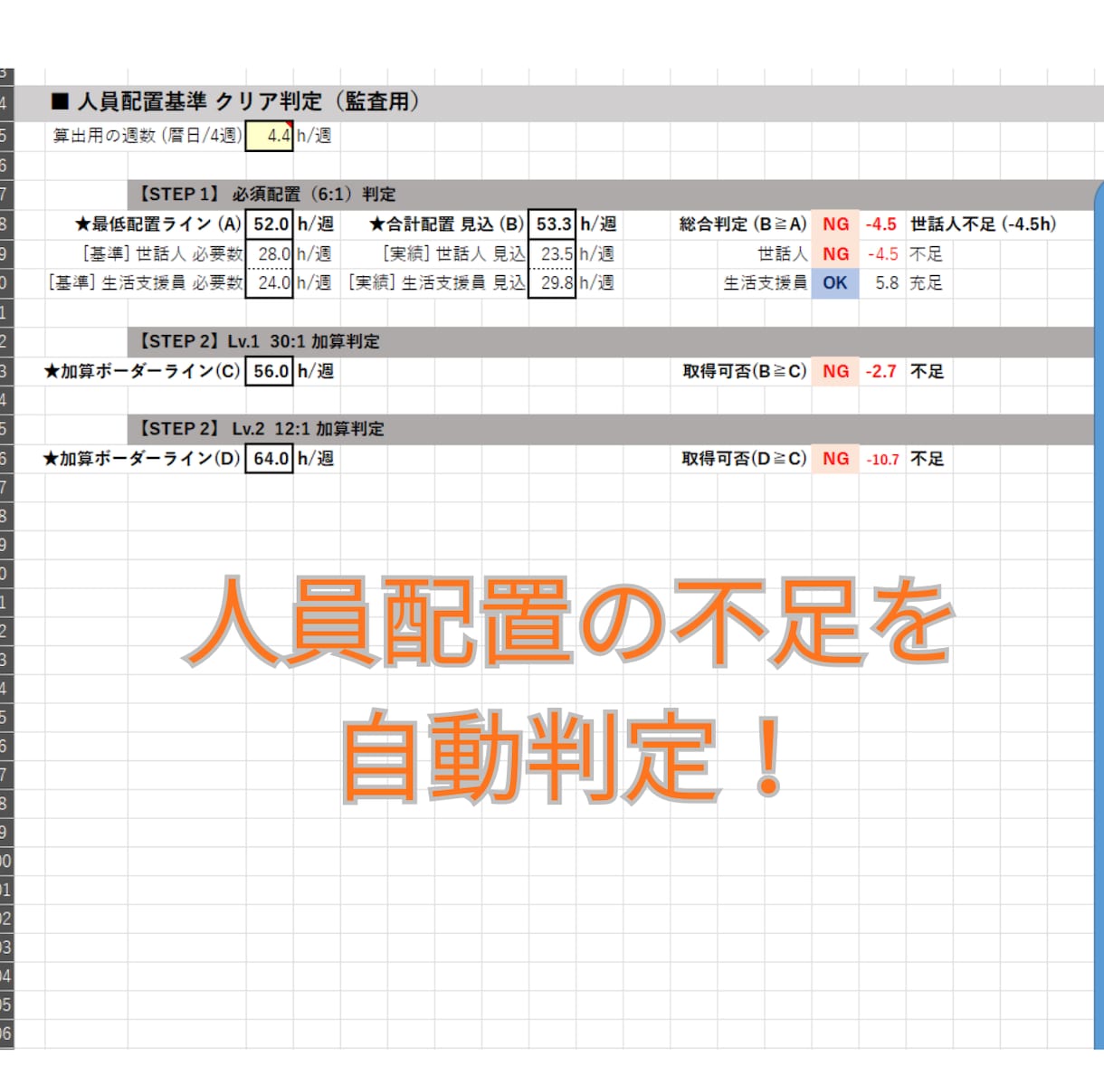 社労士確認済！GH人員配置計算表を提供します 複雑な法律も自動判定。「判定OK」で監査も安心のシフト表 イメージ5