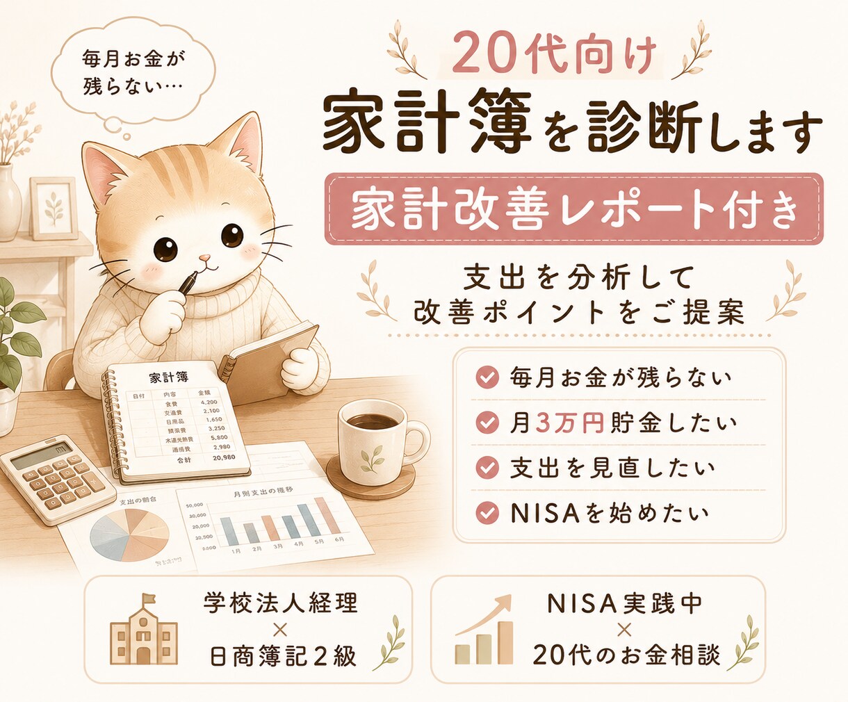 20代向け｜家計簿を診断します 家計改善レポート付きで丁寧に診断✨ イメージ1