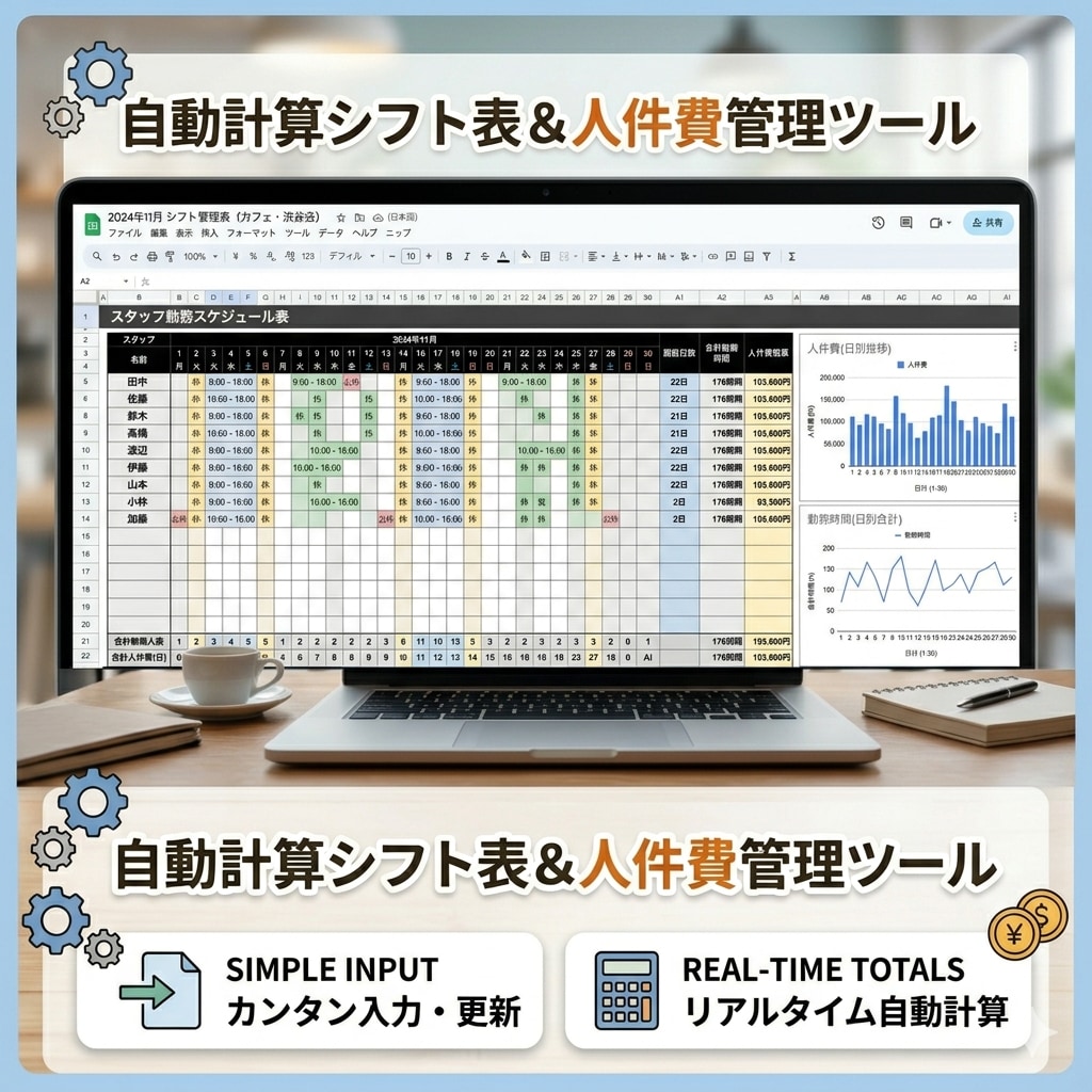 自動計算で見やすいシフト表・人件費管理を作ります 【Excel・スプレッドシート】毎月のシフト作成・集計自動化 イメージ1