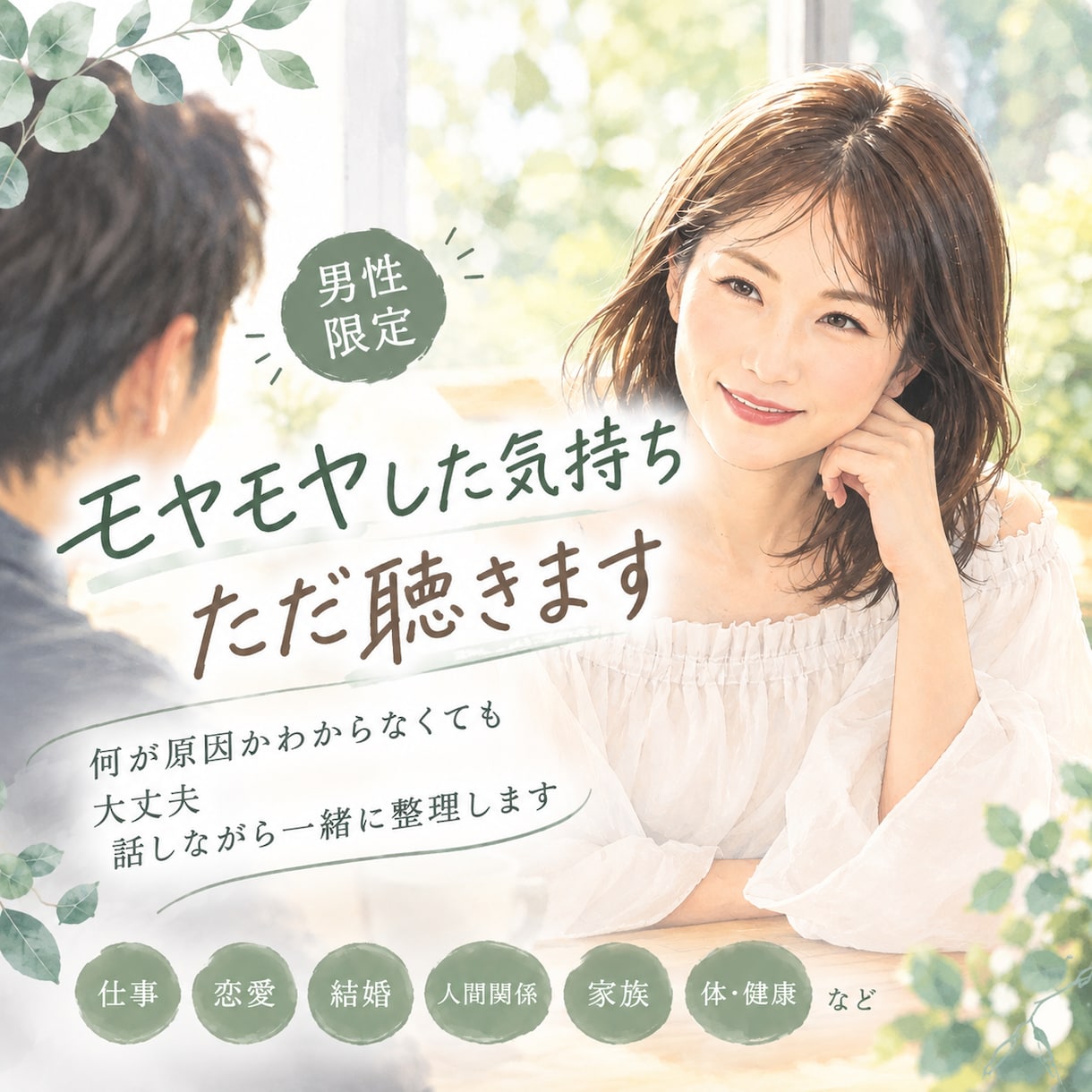 男性のモヤモヤした気持ちを、ただ聴きます 何が原因かわからなくても大丈夫。話しながら一緒に整理します イメージ1