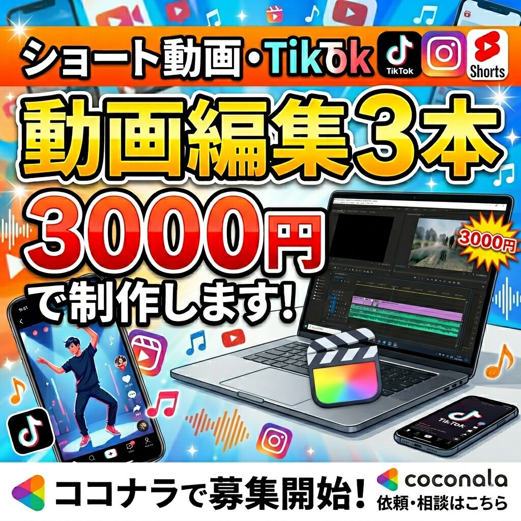 ショート動画3本【3000円】まとめて編集します TikTok・ショート動画対応！｜修正無制限で仕上げます！ イメージ1