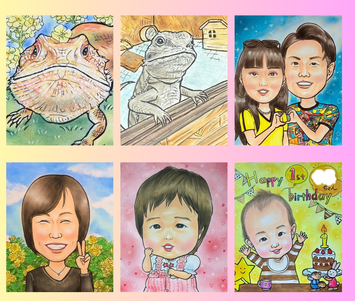 大切な思い出を優しいパステル画似顔絵にします 【送料無料で原画をお届け】長寿祝・ペット・大人数・ギフト イメージ10