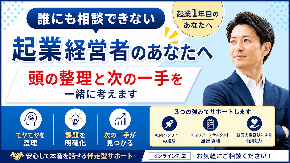 起業1年目/ 頭の整理と次の一歩を一緒に見つけます 誰にも相談できない悩みを、一人で抱えていませんか？ イメージ1